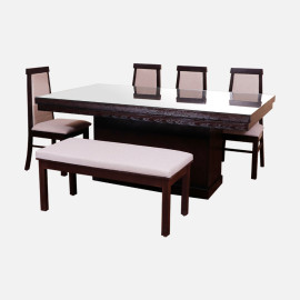 MAARK GLASS TOP 6 SEATER DINING SET BENCHWALA WALNUT COLOUR