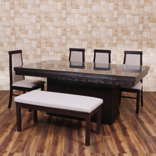 MAARK GLASS TOP 6 SEATER DINING SET BENCHWALA WALNUT COLOUR