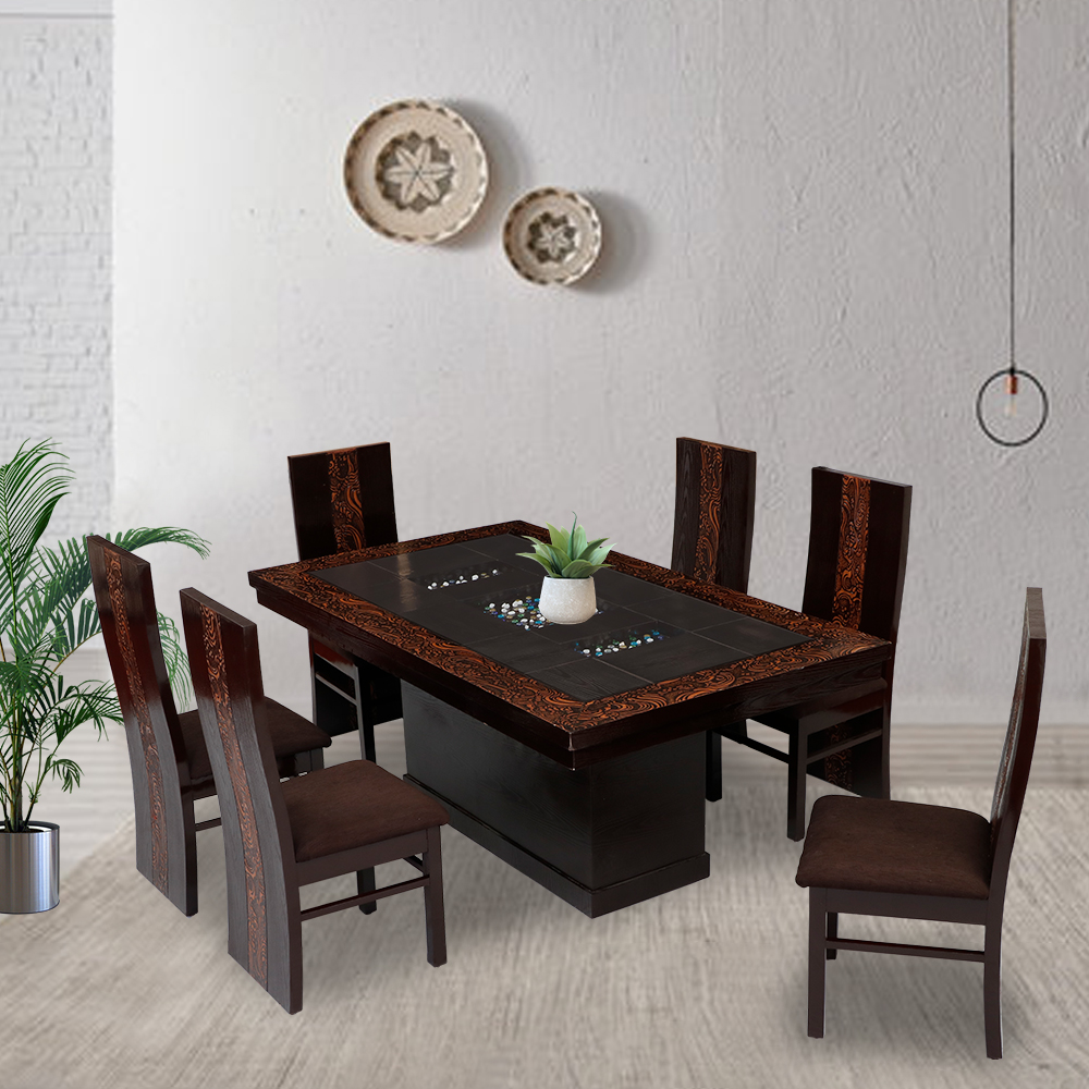 MAARK GLASS TOP 6 SEATER DINING SET BLAZON WALNUT COLOUR