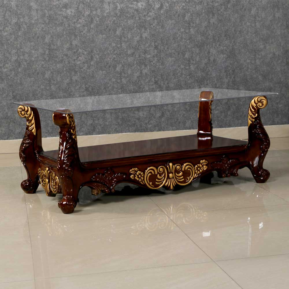 WOODEN GLASS CENTER TABLE IN TEAK WOOD COLOR