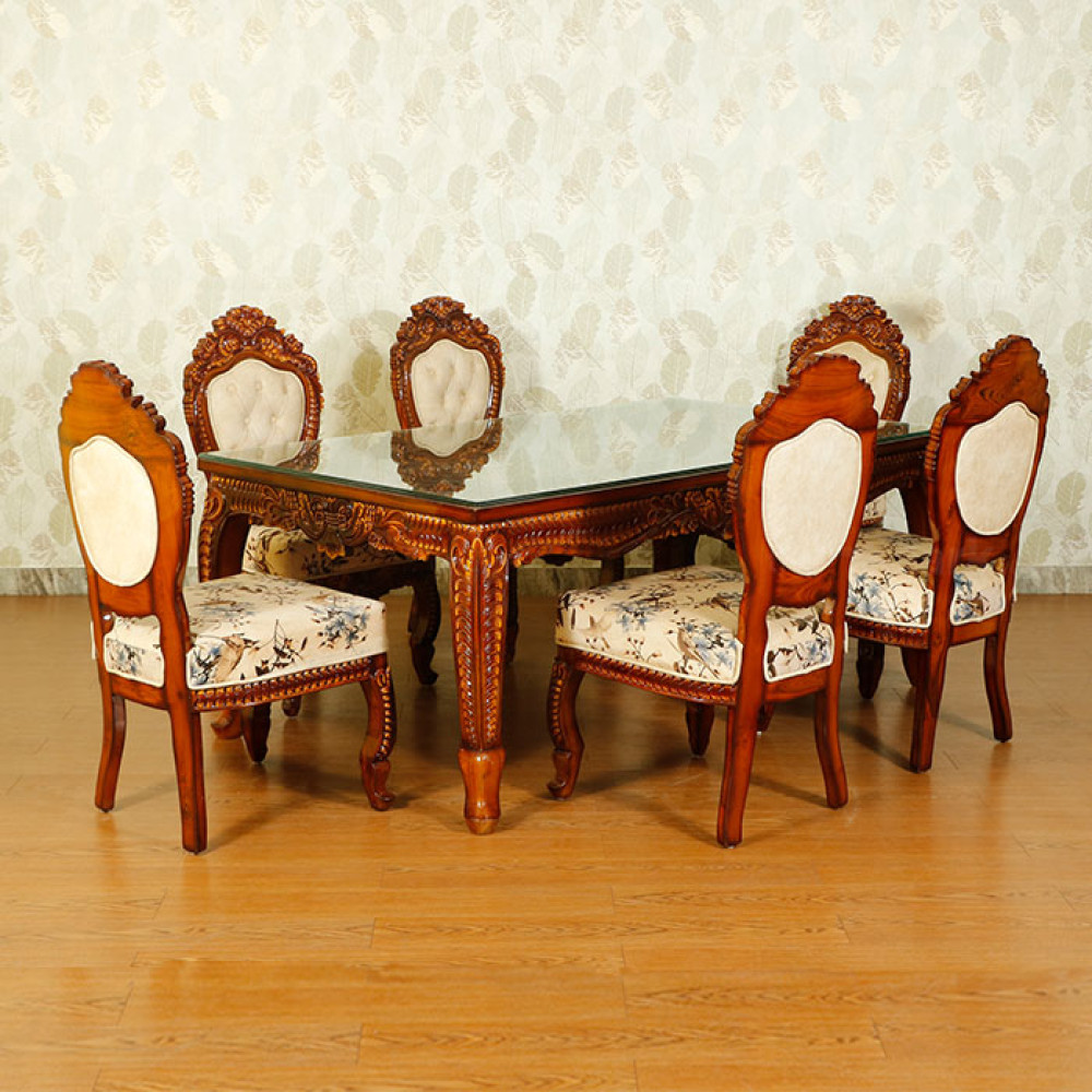 Teak Wood dining table set | Glass top Dining | 6 Chair dining ...