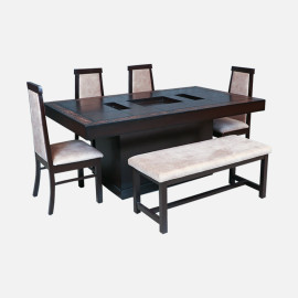 MAARK GLASS TOP 6 SEATER DINING SET BENCHWALA WALNUT COLOUR