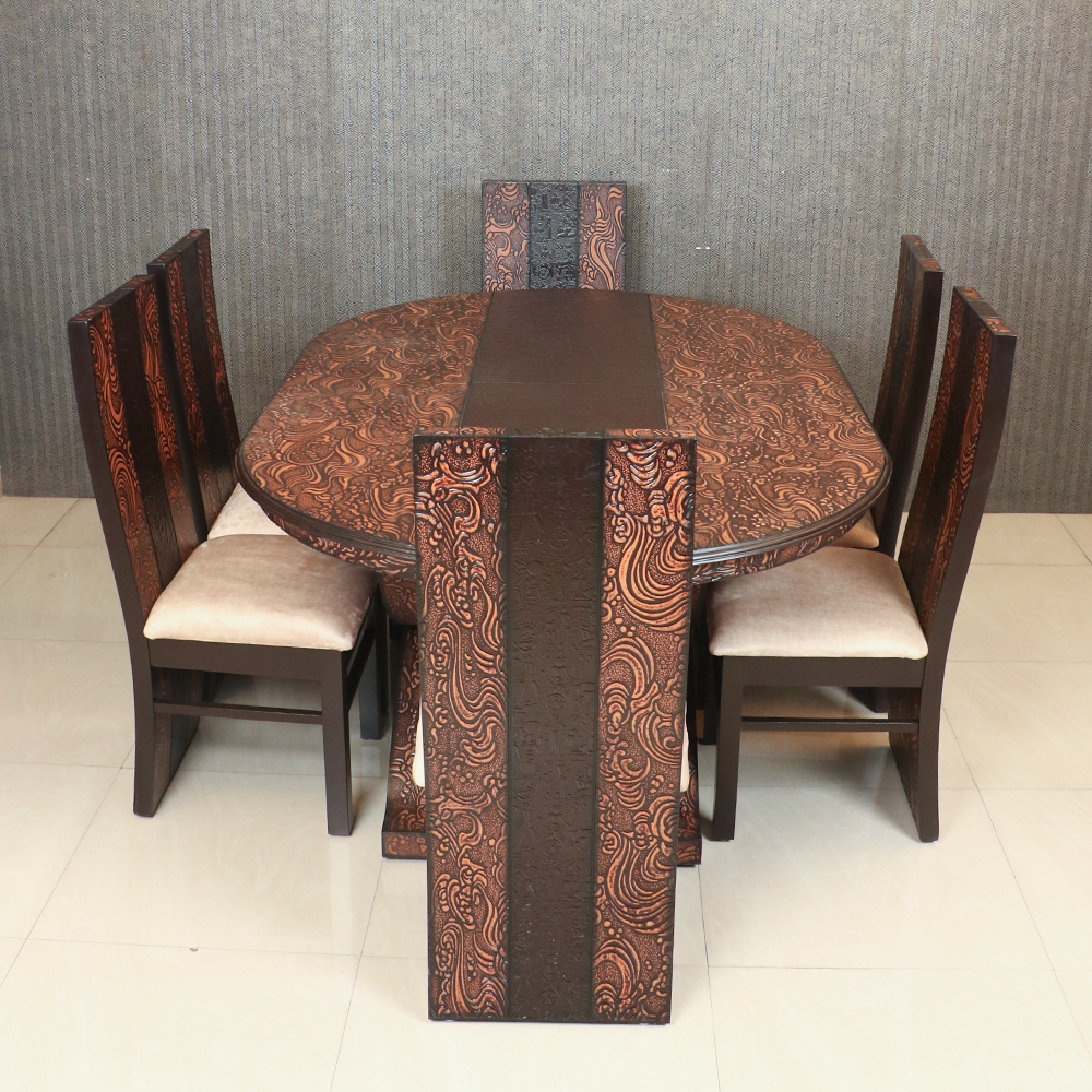 MAARK WOODEN TOP 6 SEATER DINING SET OVAL WALNUT COLOUR