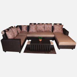 MAARK U SHAPE FABRIC CORNER SOFA 5 SEATER WITH DIWAN MAGAMERU BROWN COLOUR