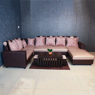 MAARK U SHAPE FABRIC CORNER SOFA 5 SEATER WITH DIWAN MAGAMERU BROWN COLOUR