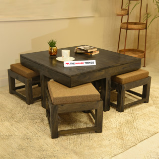 MAARK SHEESHAM WOOD COFFEE TABLE WITH SEATING STOOLS 7014 STONE FINISH SV